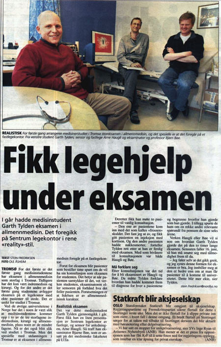 Den nye eksamenformen i allmennmedisin har f&aring;tt positiv omtale i pressen. Faksimile fra Nordlys 9.6. 2004