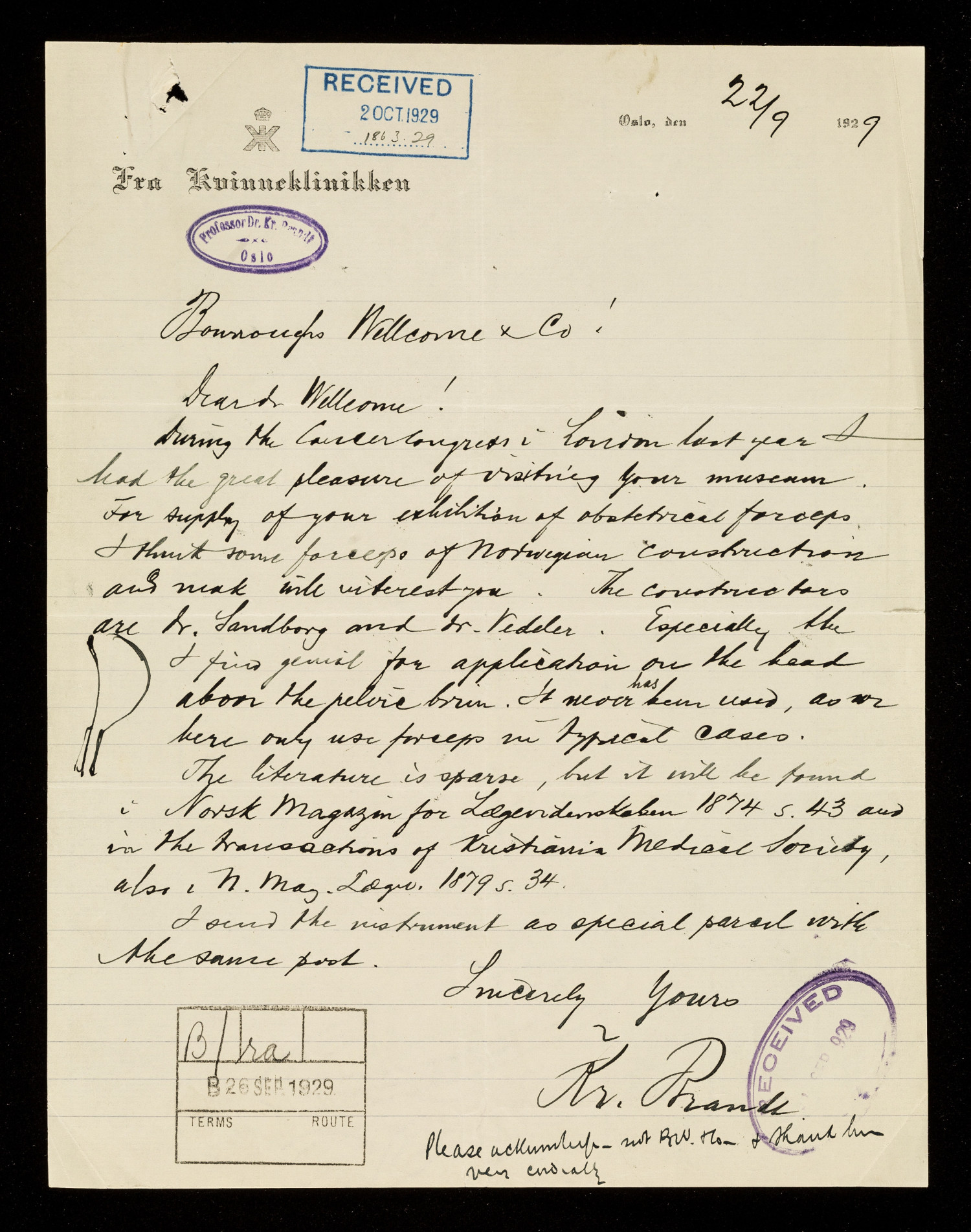 Figure 3 The letter from Professor Brandt dated 22&nbsp;September 1929 accompanying the donation of the Sandborg-Vedeler forceps &hellip;