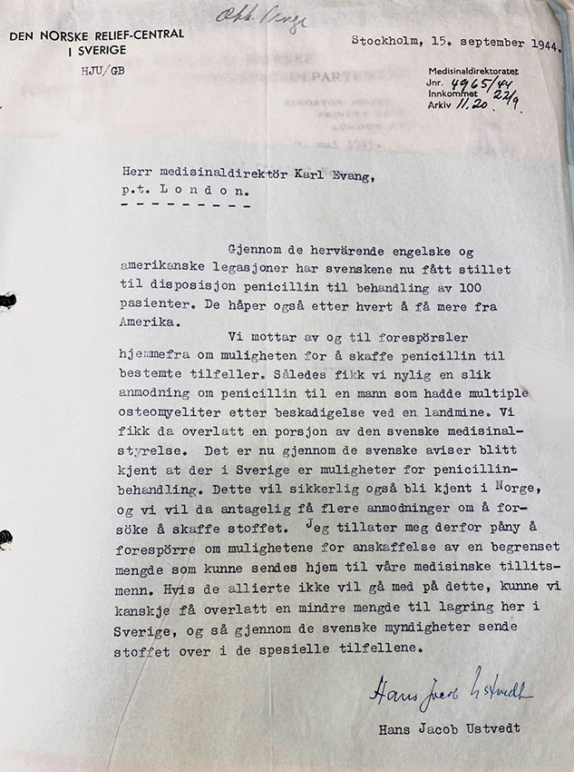 Figure 2 Earliest documented penicillin treatment in Norway (15). Letter dated 15&nbsp;September 1944 to Karl Evang, Chief&hellip;