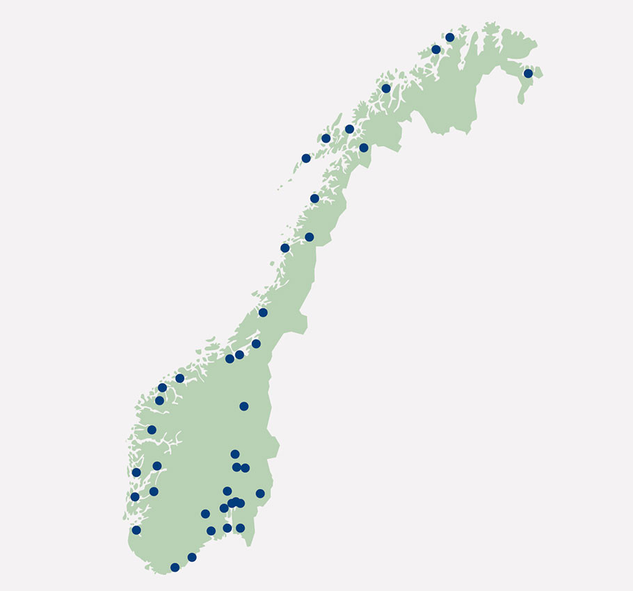 Figure 1 Map of Norway showing the 40 hospitals providing acute care surgery and management of gallstone disease that&hellip;
