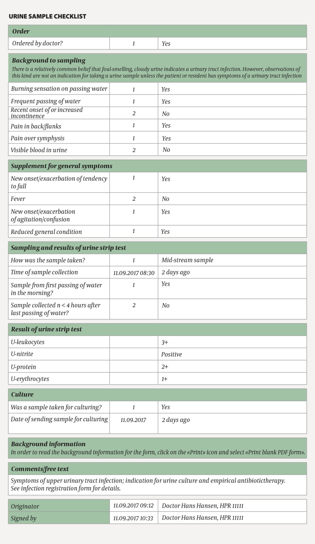Figure 2 Example of urine sample checklist used in the patient records system Geriatrisk Basis Datasett. The form contains a&hellip;