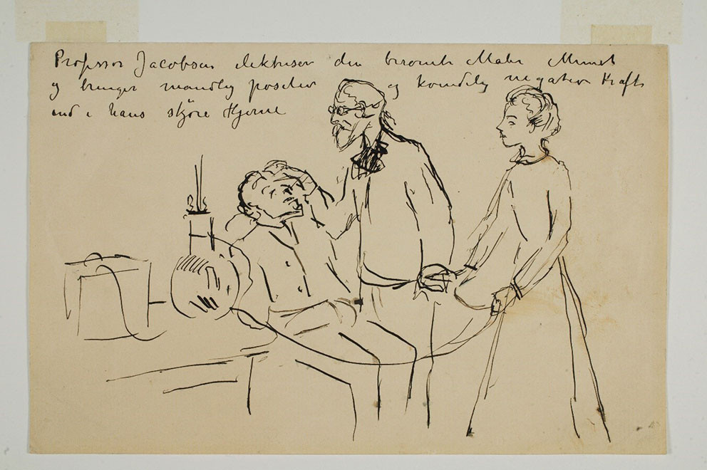 Figur 2 Munchs egen fremstilling av en behandlingssesjon i Jacobsons privatklinikk 1908&ndash;09. Over tegningen har han skrevet: &hellip;